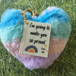 Mental Health Fuzzy Heart Keychain Pastel rainbow